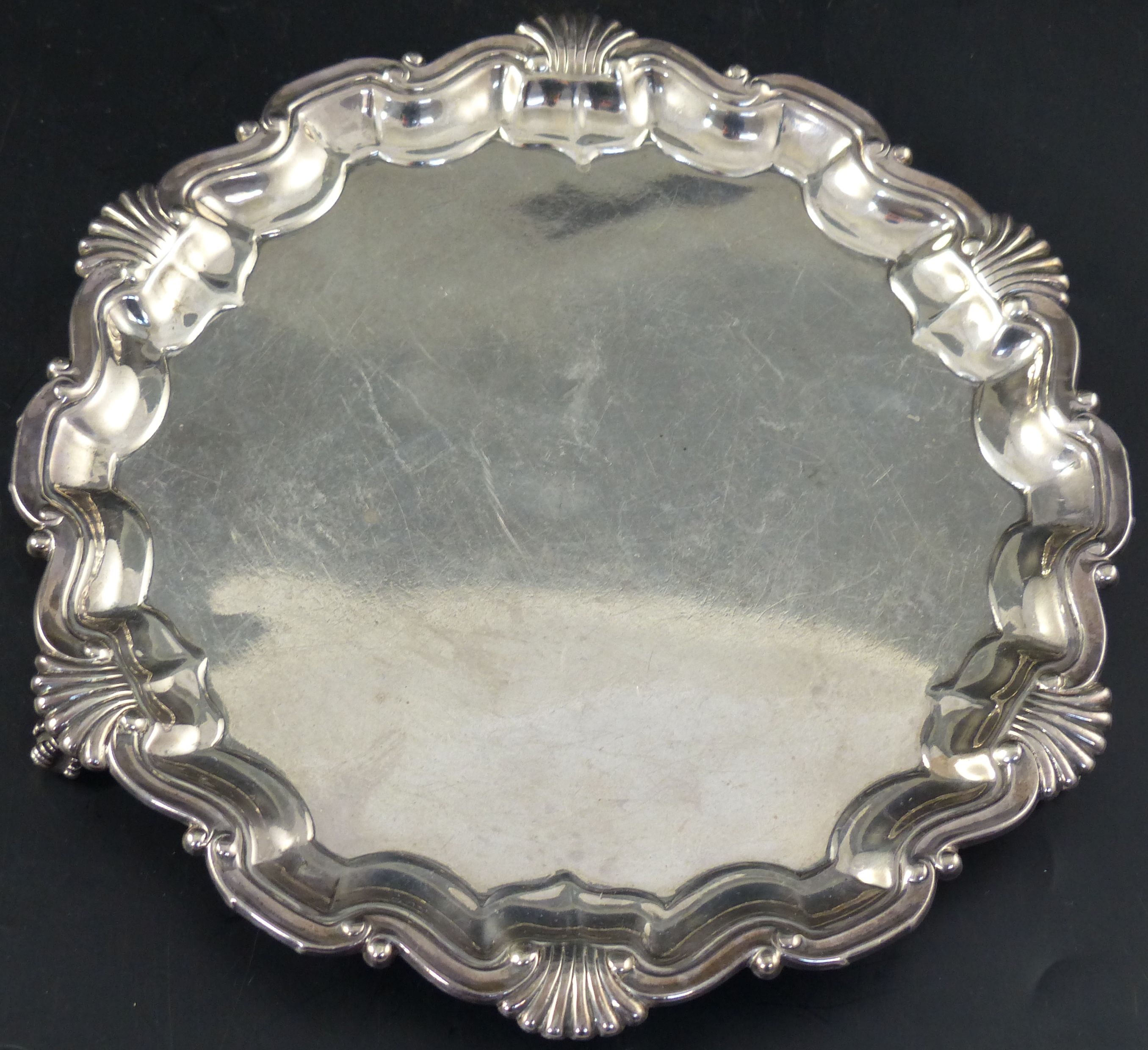 A late Victorian silver salver with shell and scroll border, 21.2cm, 10.5oz